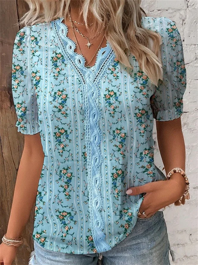 Women Short Sleeve V-neck Graphic Printed Lace Tops