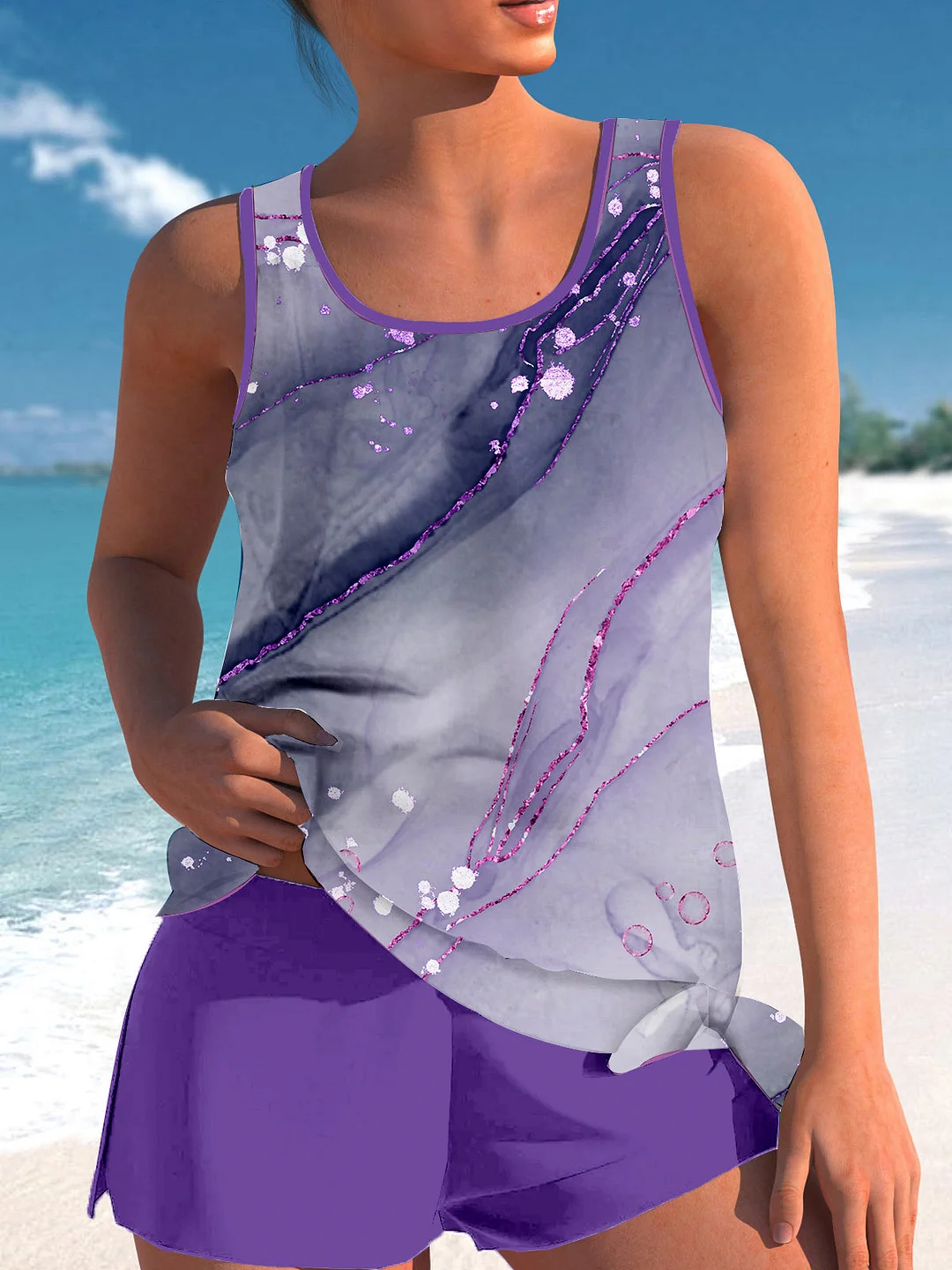 Bowknot Purple Striped Polka Dot Printed Graphic Mid Waisted Tankini Set - Plus Size Available