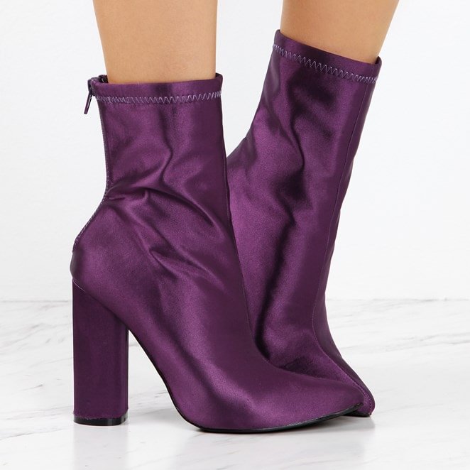 Fashion Purple Chunky Heel Boots Satin Pointy Toe Ankle Boots |FSJ Shoes