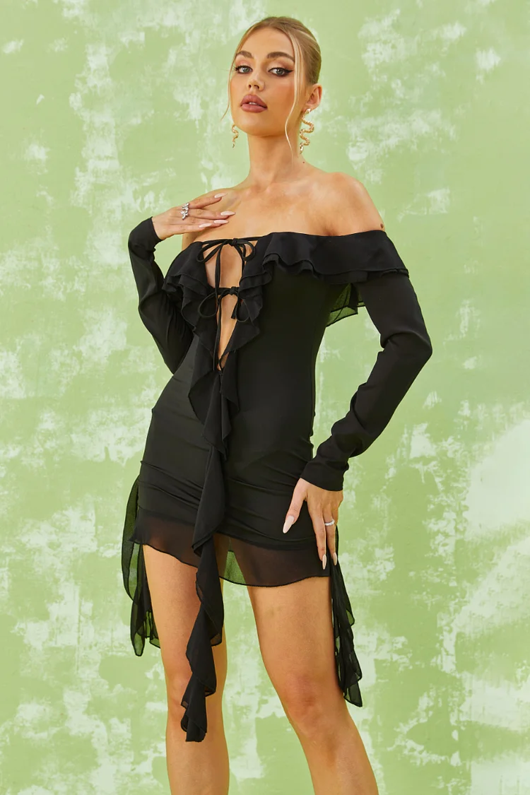 Off Shoulder Long Sleeve Tied Up Ruffle Party Mini Dress