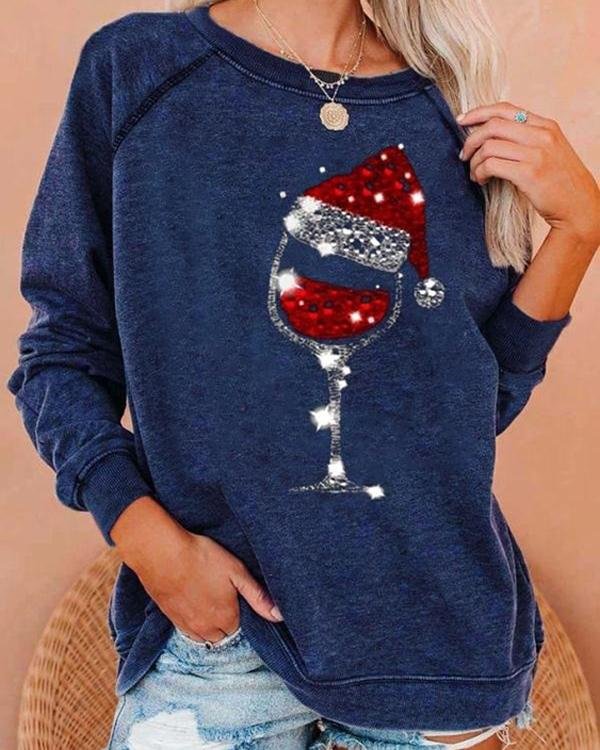 Christmas Red Wine Glass Print Cozy Sweatshirt