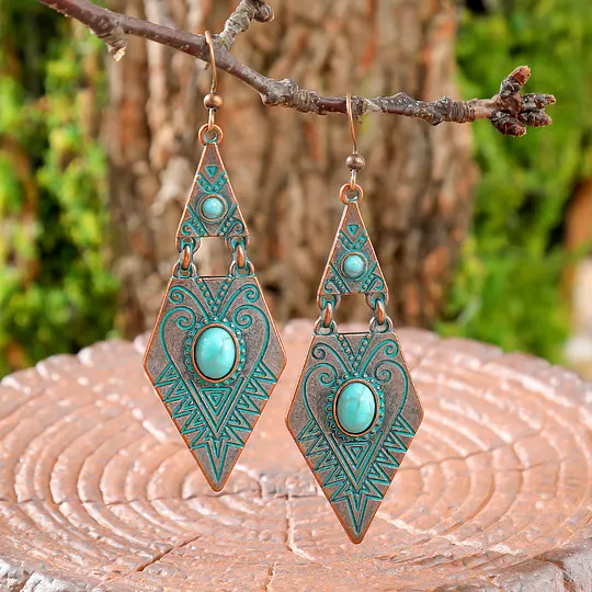Retro Bohemian Turquoise Earrings Simple and Versatile Geometric Rhombus Metal Texture Earrings