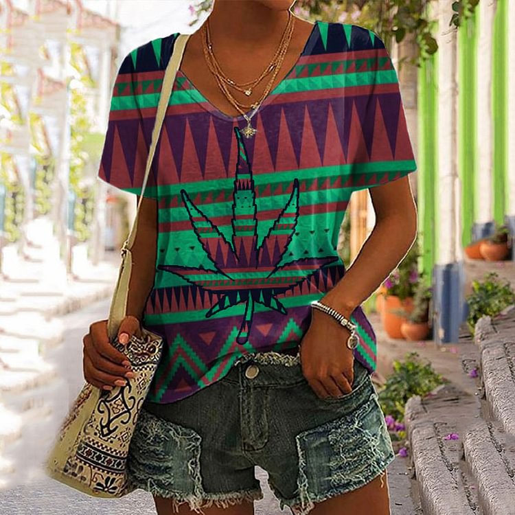 Vefave Casual Totem Leaf Print Short Sleeve T-Shirt