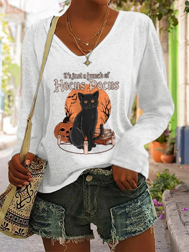 It's Just A Bunch Of Hocus Pocus Long Sleeve Halloween Black Cat Print T-Shirt