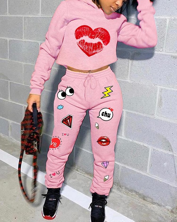 Graphic Print Hooded Top & Pants Set - Shop Trendy Women's Clothing | LoverChic