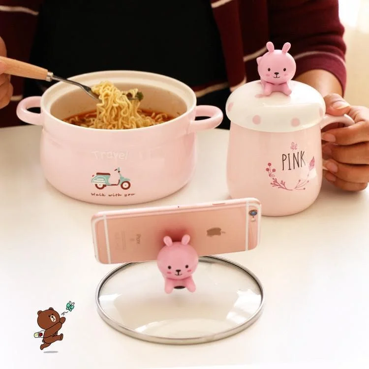 4 Colors Kawaii Cartoon Two-Piece Ceramic Covered Bowl Mug SP179400