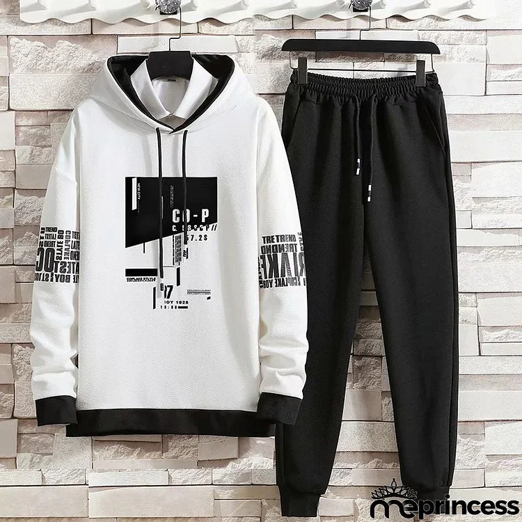 Men Casual Long Sleeve Hat Rope Letter Printed Hoodie And Drawstring Waist Jogger Pants Two-piece Set