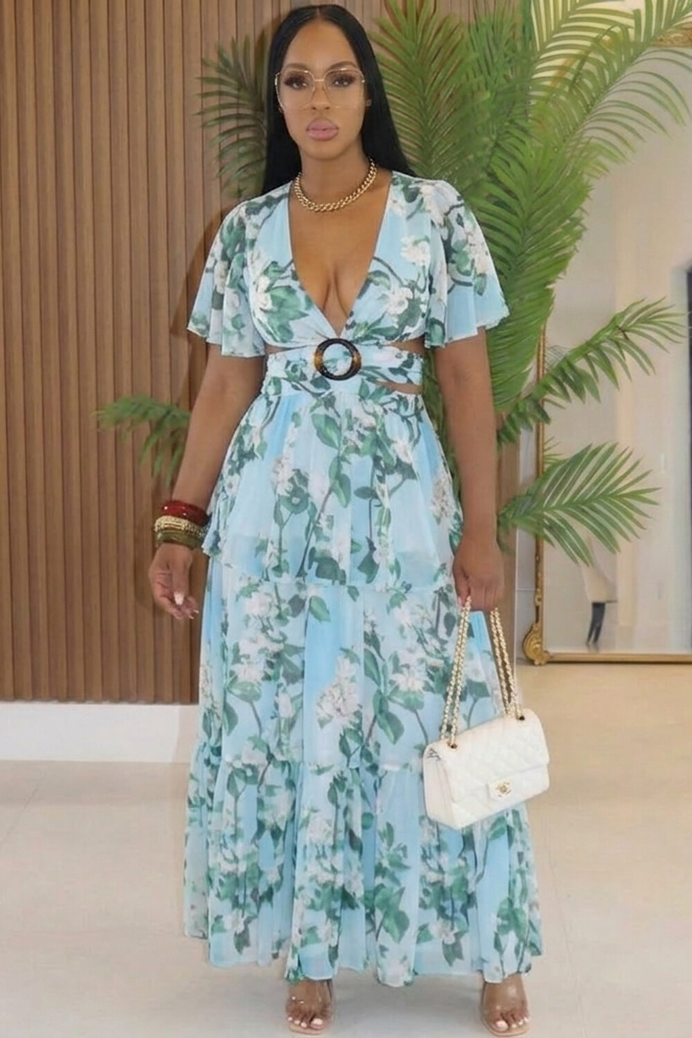 Deep V Neck Ruffle Sleeve Cut Out Floral Casual Maxi Dresses-Blue Blue-S