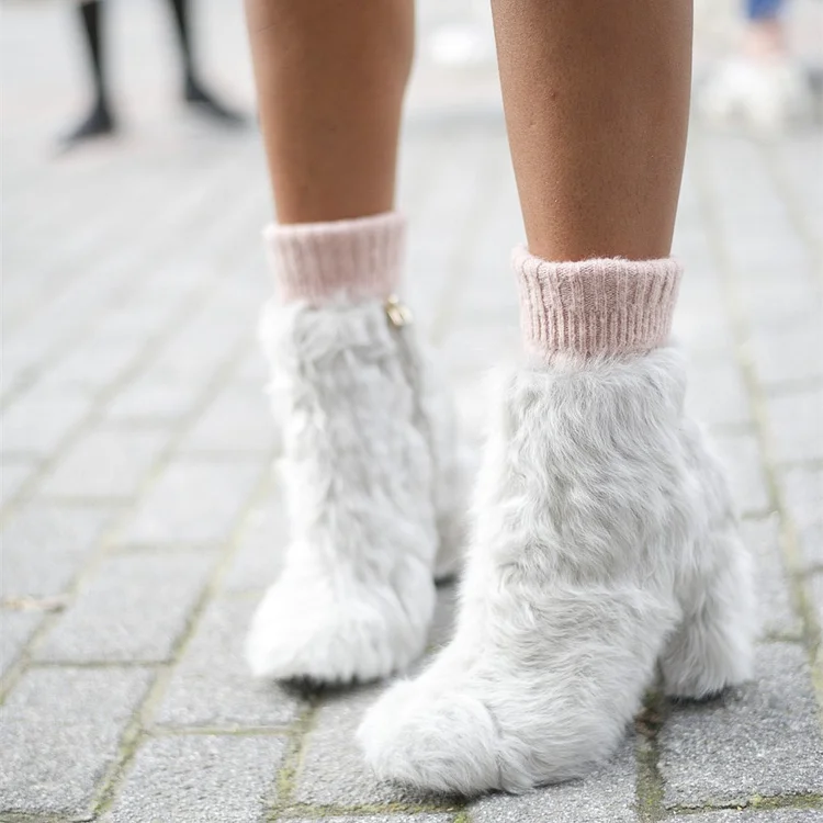White Winter Boots Round Toe Chunky Heel Faux Fur Booties for Women |FSJ Shoes