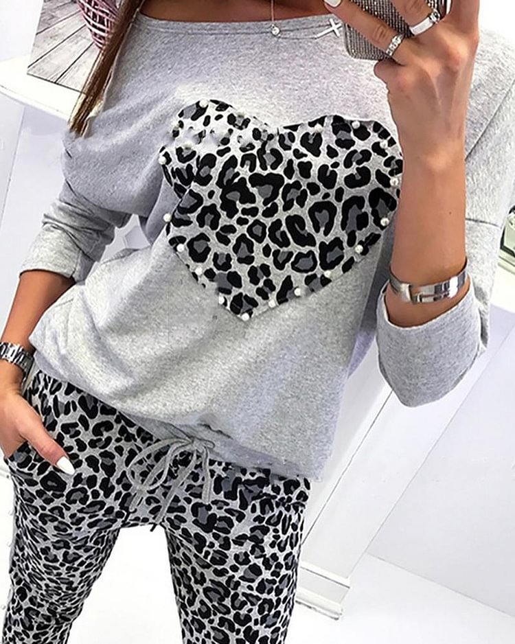 Leopard Print Beaded Patched Top & Pants Set - Shop Trendy Women's Clothing | LoverChic