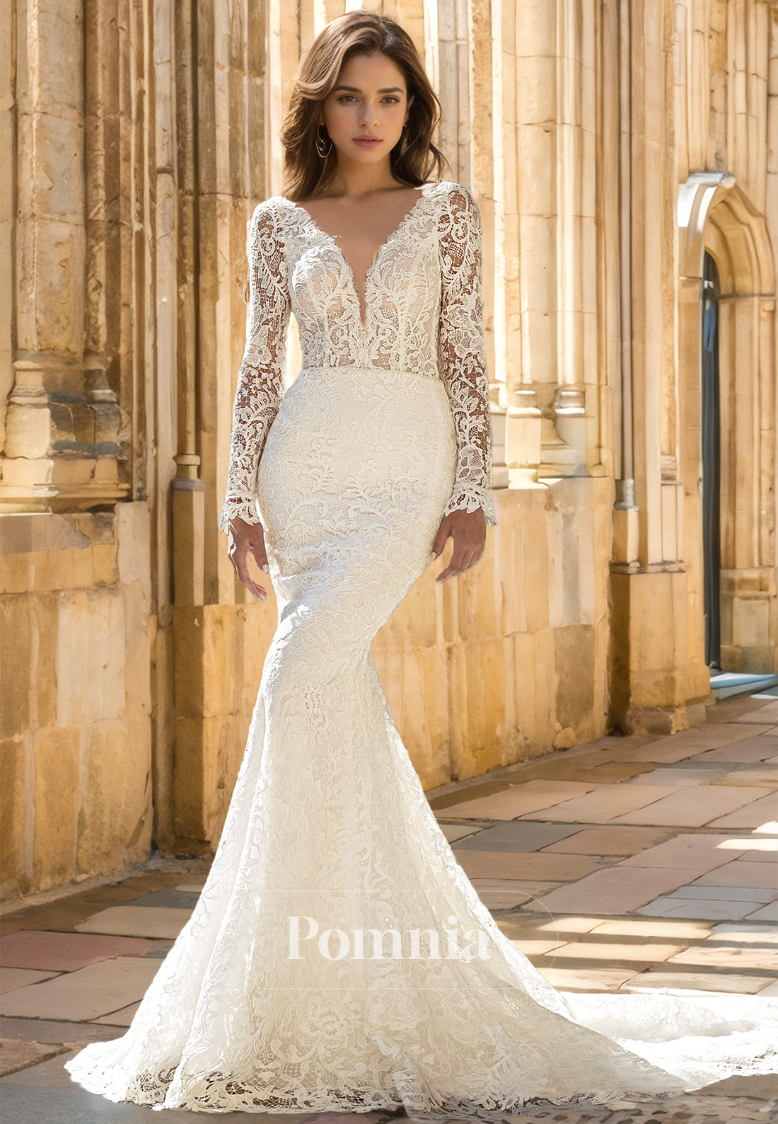 Mermaid Lace Long Sleeves V-Neck Empire-Waist Backless Romantic Wedding  Dress