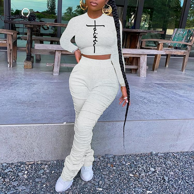 Vefave Fashion Side Slit Letter Print T-Shirt Two Piece Set
