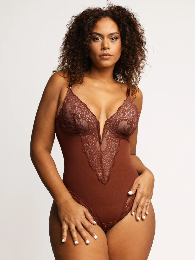 Deep-V Neck Lace Thong Bodysuit (Buy Two Get Third 50% Off!)
