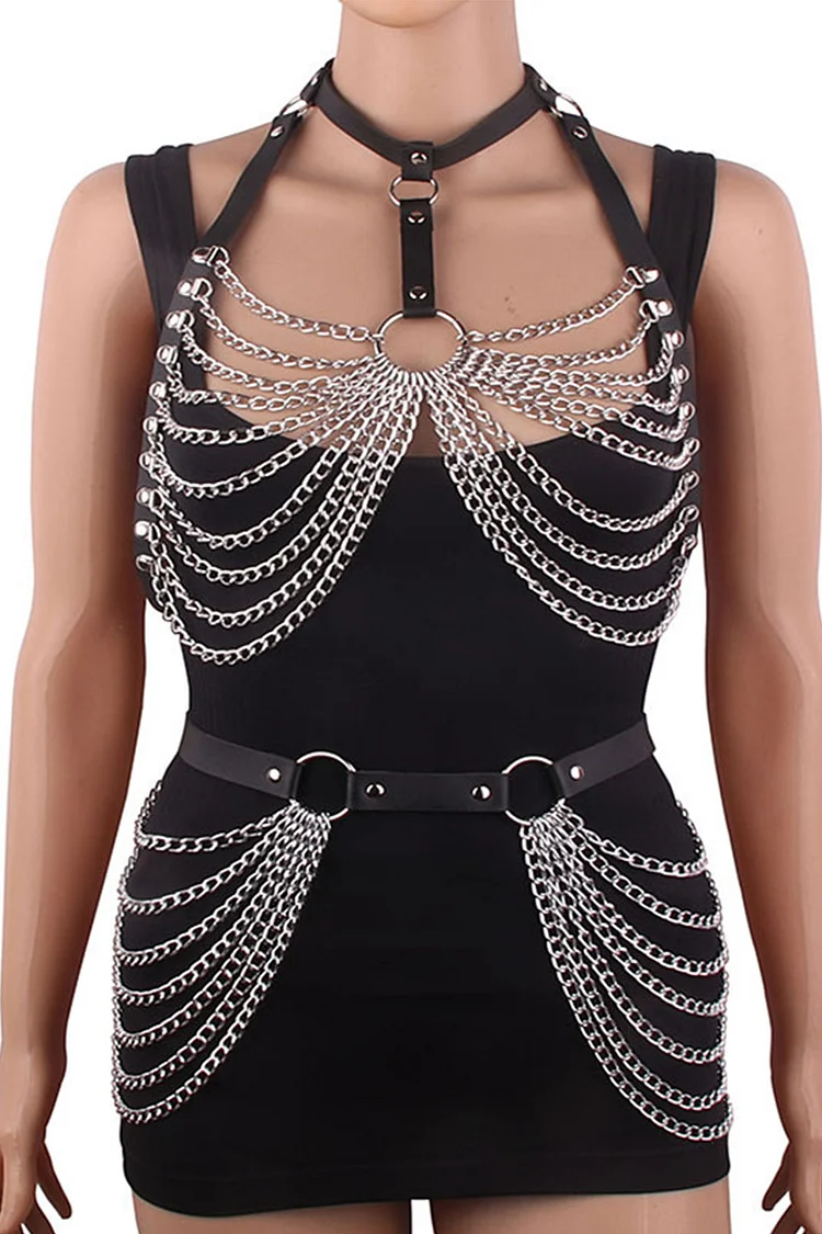 Gothic Black Party Halter Leather Multilayer Fringe Chest Chain Waist Chain Accessories Set