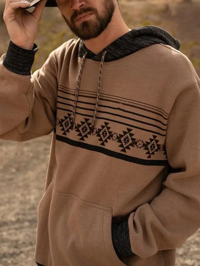 Men's Western Long Sleeve Contrast Print Design Hooded Drawstring Casual Sweatshirt