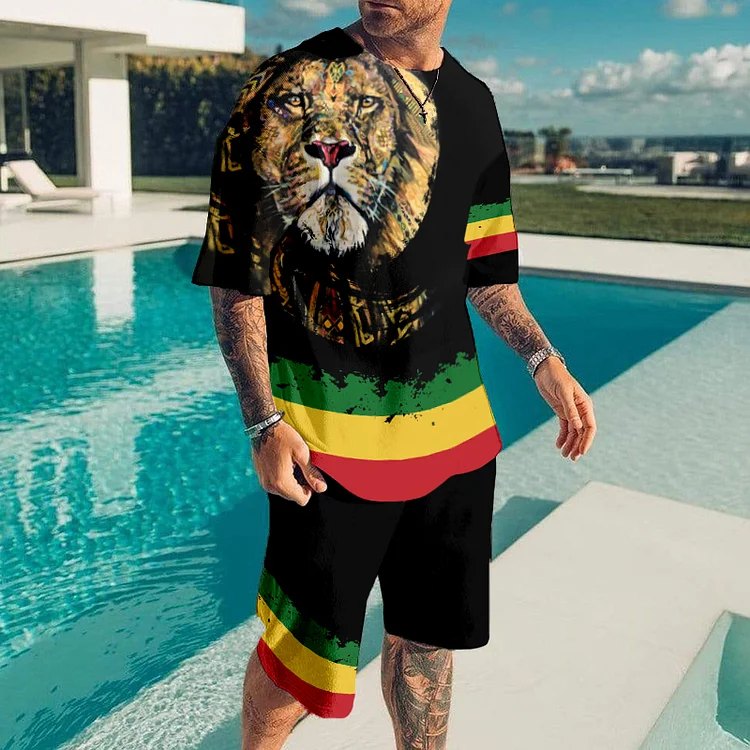 BrosWear Fashion Contrast Color Reggae Lion Black T-Shirt  And Shorts Co-Ord