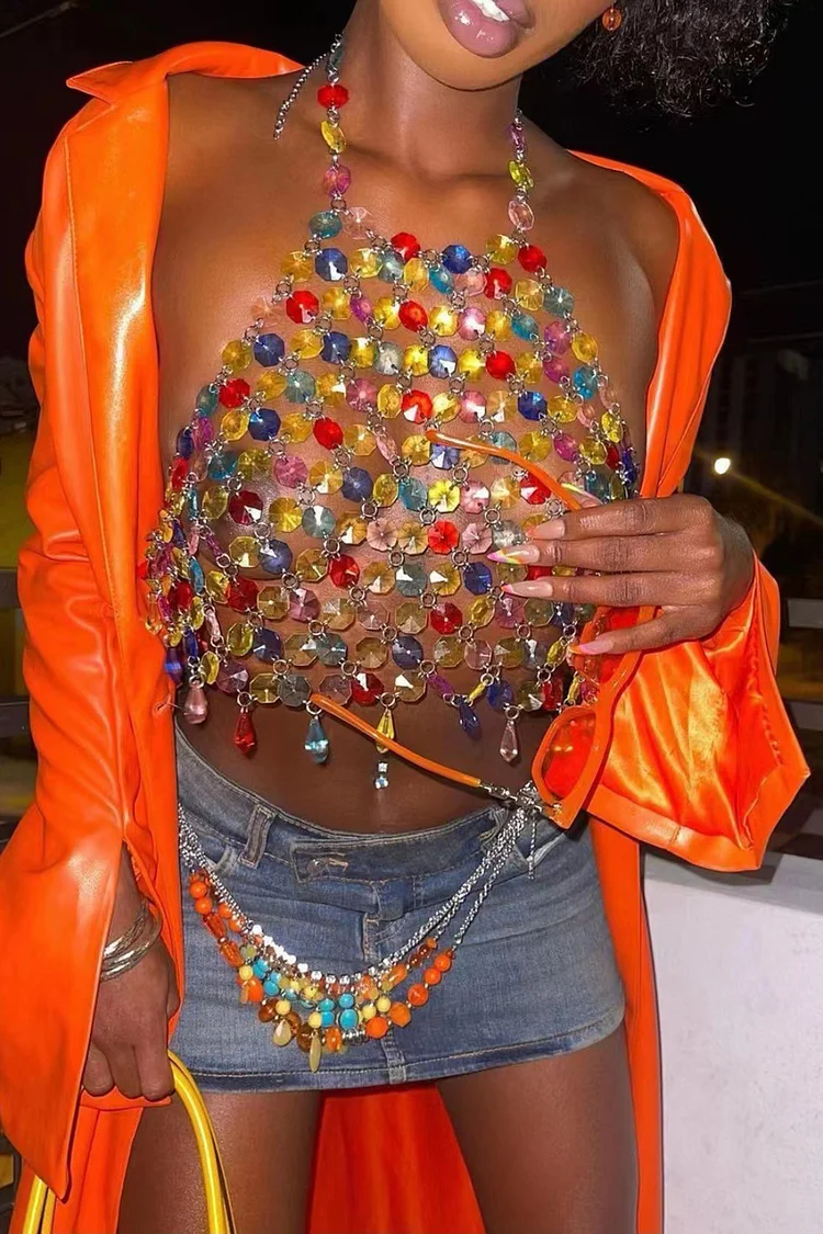 Metallic Colorful Rhinestones Vest-Multicolor