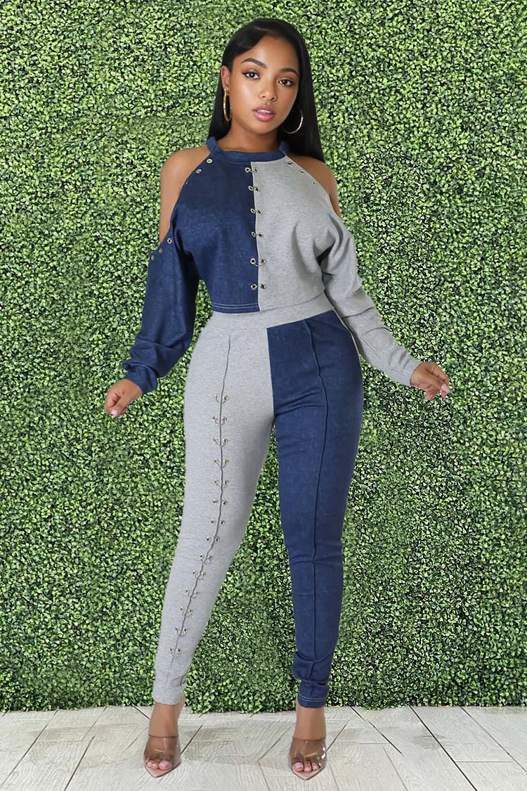 Colorblock Metal Decor Cold Shoulder Long Sleeve Crop Top Legging Pants Matching Set