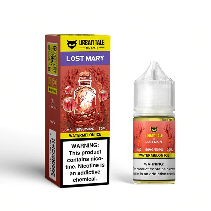 Urban Tale x Lost Mary Nic Salt e-liquid bottle and box, Watermelon Ice flavor, 35mg, 30ml.