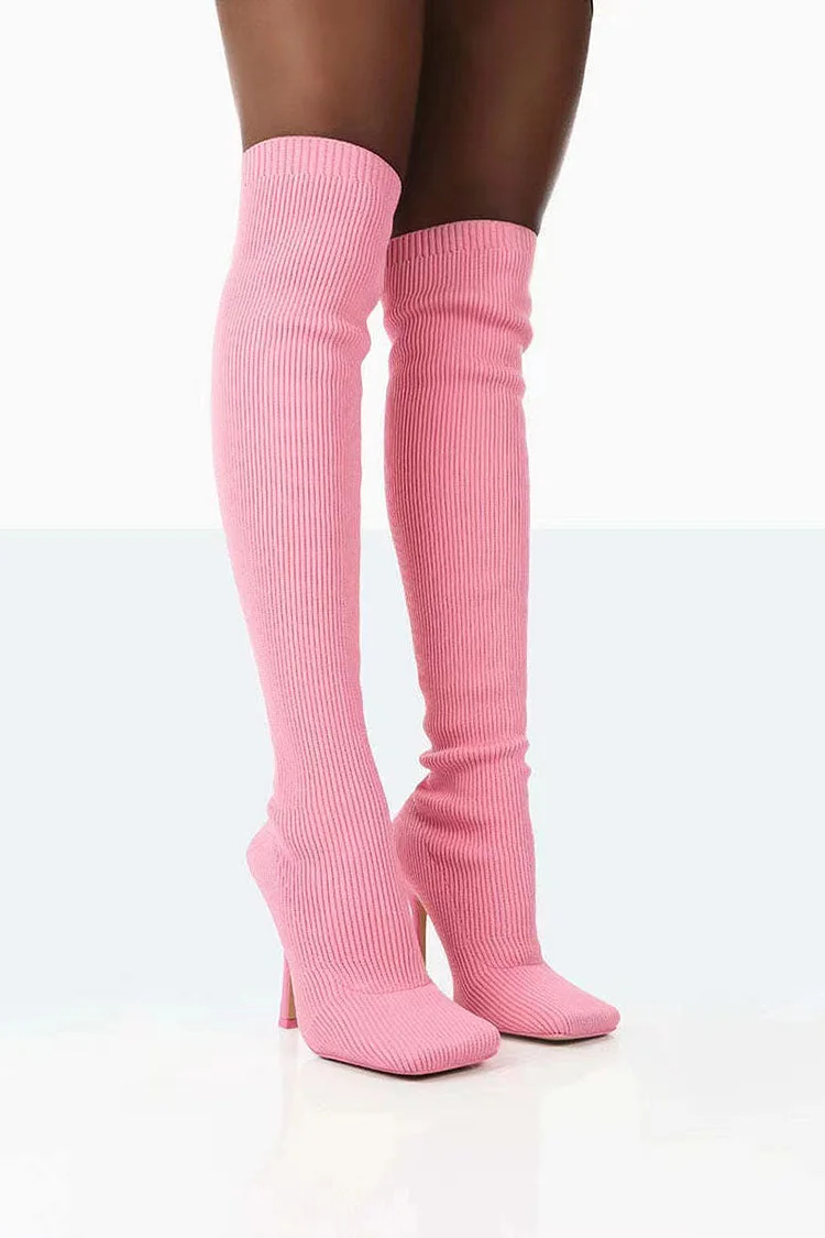 Knit Square Toe Stiletto Stretchy Over The Knee Boots