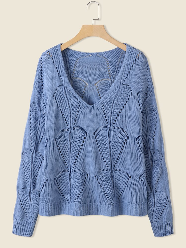 Pointelle Knit Leaves Solid V-neck Long Sleeve Loose Sweater