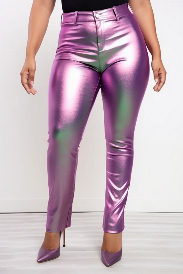 Plus Size Semi Formal Pants Casual Purple Long Fall Winter Glitter Fabric Pants [Pre-Order]
