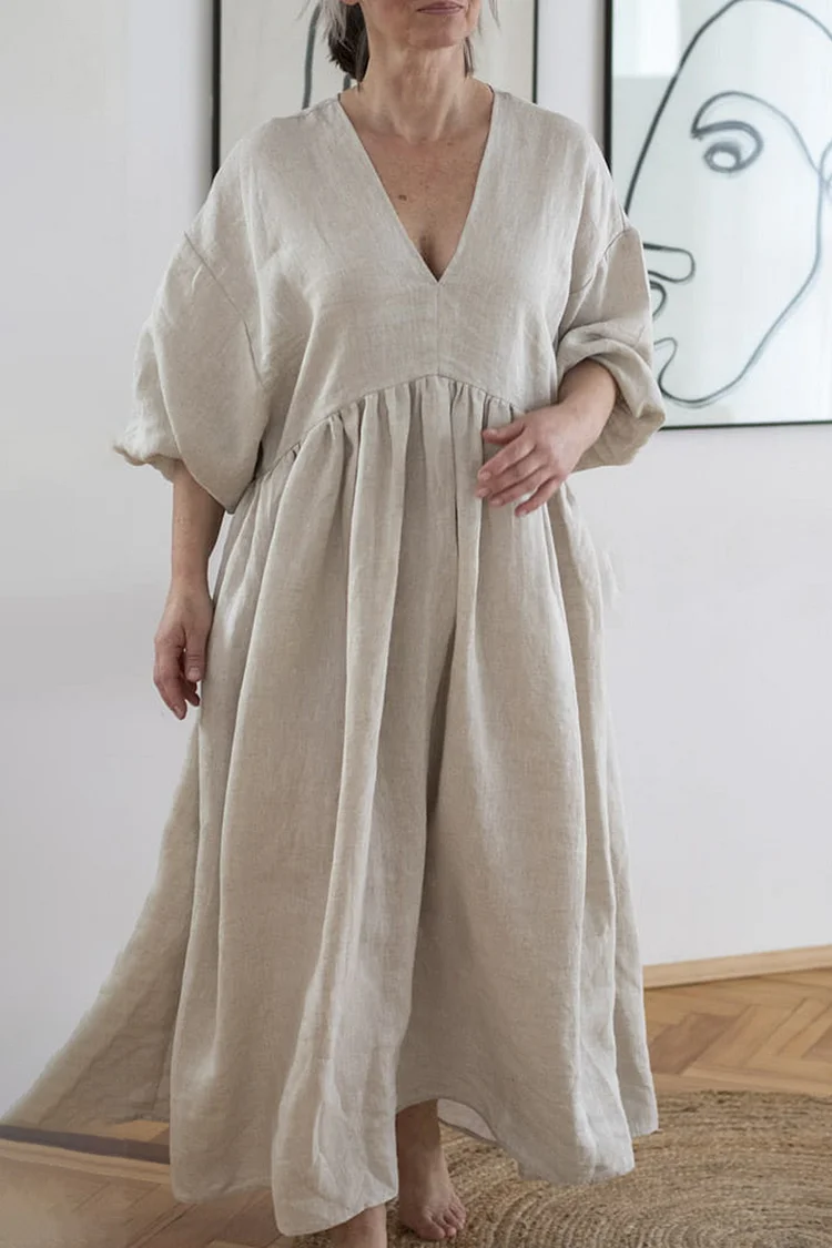 Ruched Splice V Neck Puff Sleeve Loose-Fit Linen Maxi Dresses [Pre Order]