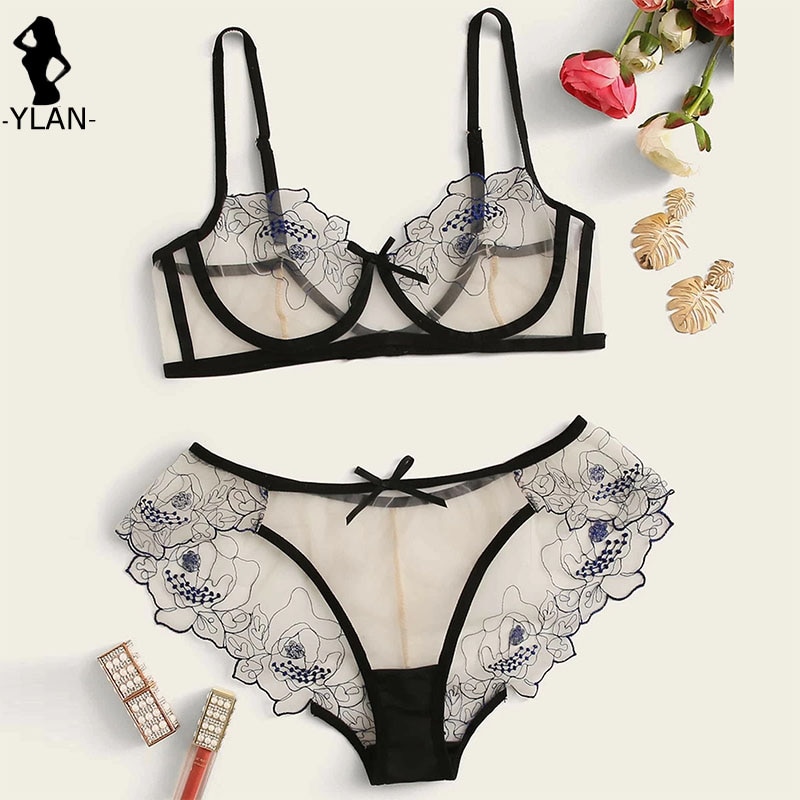 Billionm Embroidered Bra Set Sensual Lingerie Woman Mesh See Through