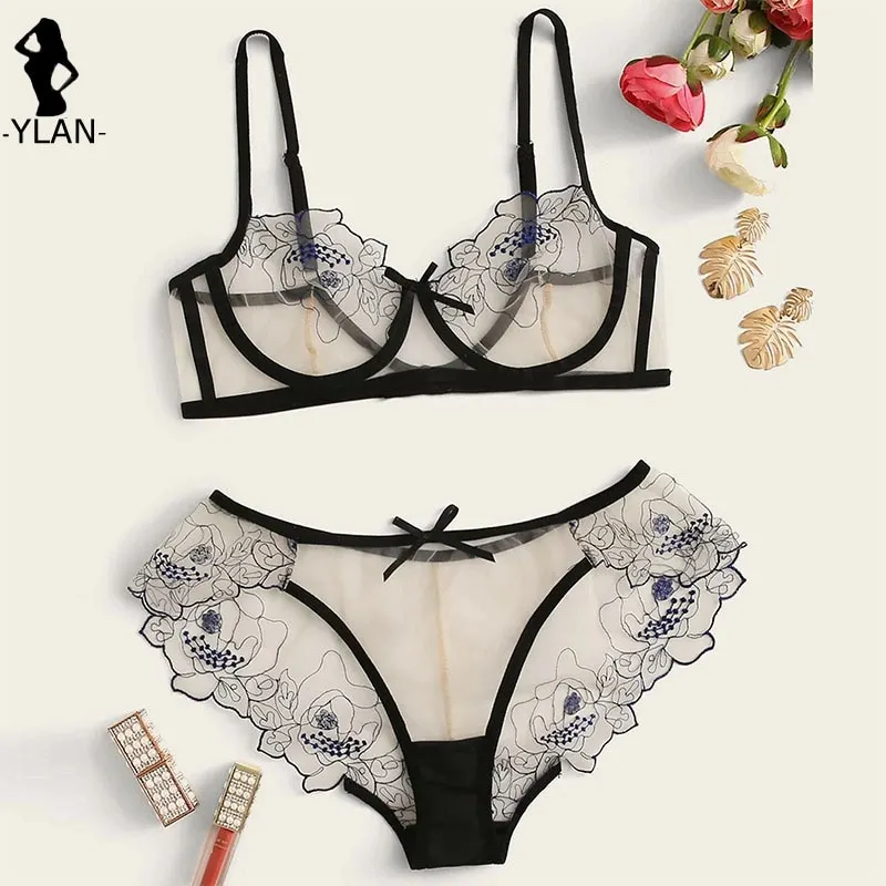 Uaang Embroidered Bra Set Sensual Lingerie Woman Mesh See Through