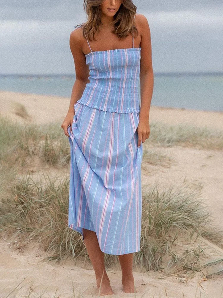 Pleated Striped Printed Stretch Panel Midi Dress