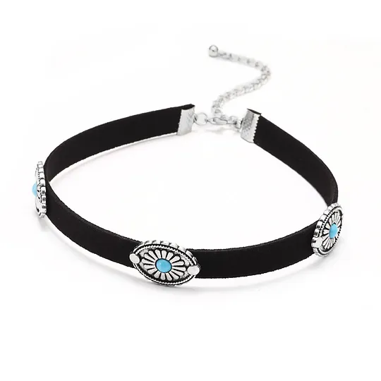 European and American Fashion Retro Necklace Metal Flower Plate Turquoise Velvet Necklace Choker Bohemian Necklace Collar