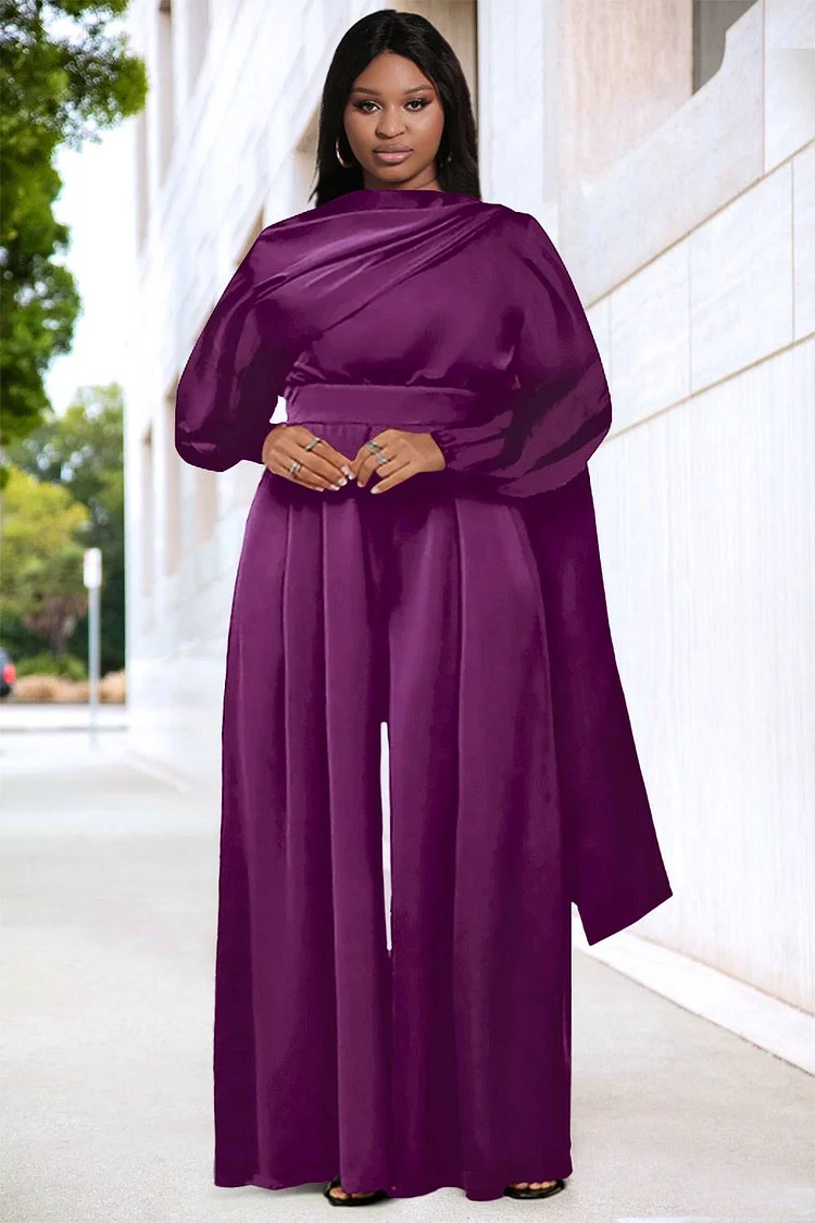 Plus Size Semi Formal Jumpsuits Elegant Purple Fall Winter Cape Sleeve Long Sleeve Satin Jumpsuits [Pre-Order]