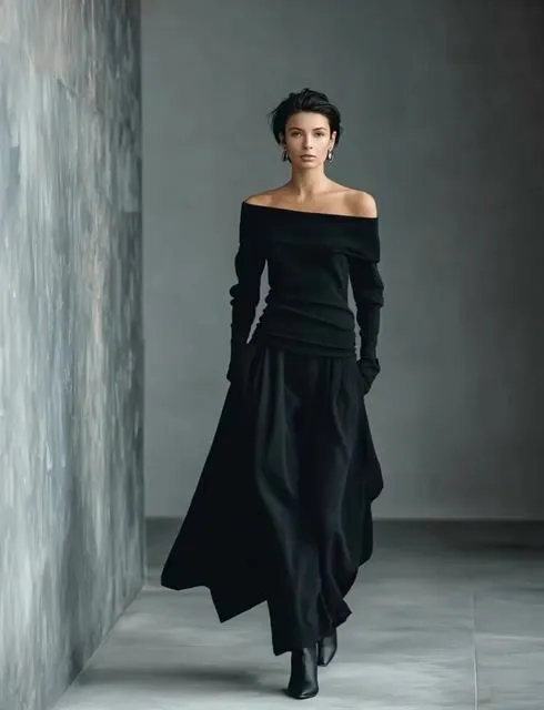 Women's Black Knit Off-Shoulder Fitted Top And Woven Fabric Skirt Set