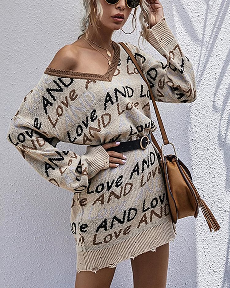 Letter Print Drop Shoulder Raw Hem Sweater - Shop Trendy Women's Clothing | LoverChic