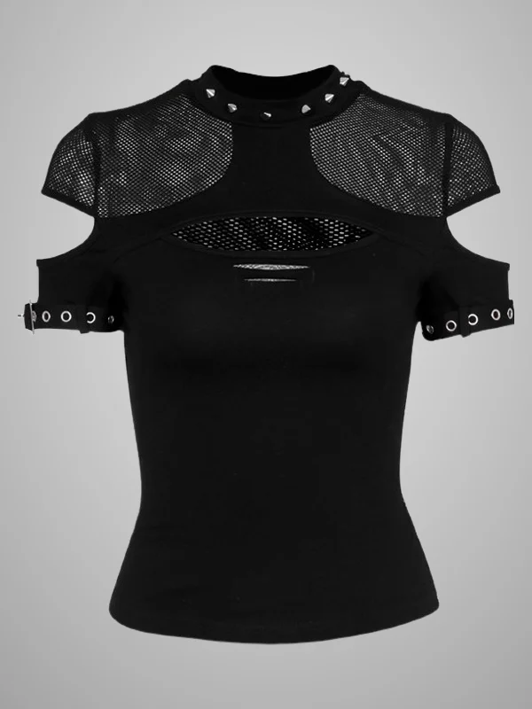 Goth Dark Sexy Crew Neck Hollowed Out Rivet Top