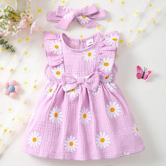 【0M-24M】Girls' Ditsy Daisy Print Flutter Sleeve Bow Dress + Headband