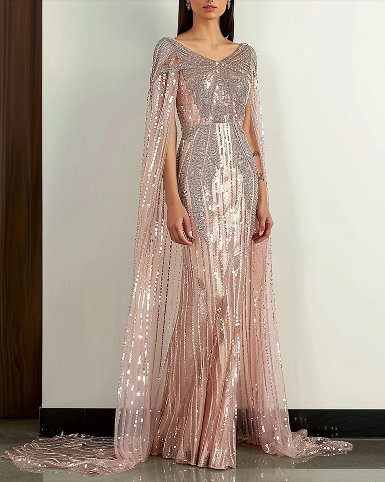 Women's V-neck shawl mesh sequins Dress