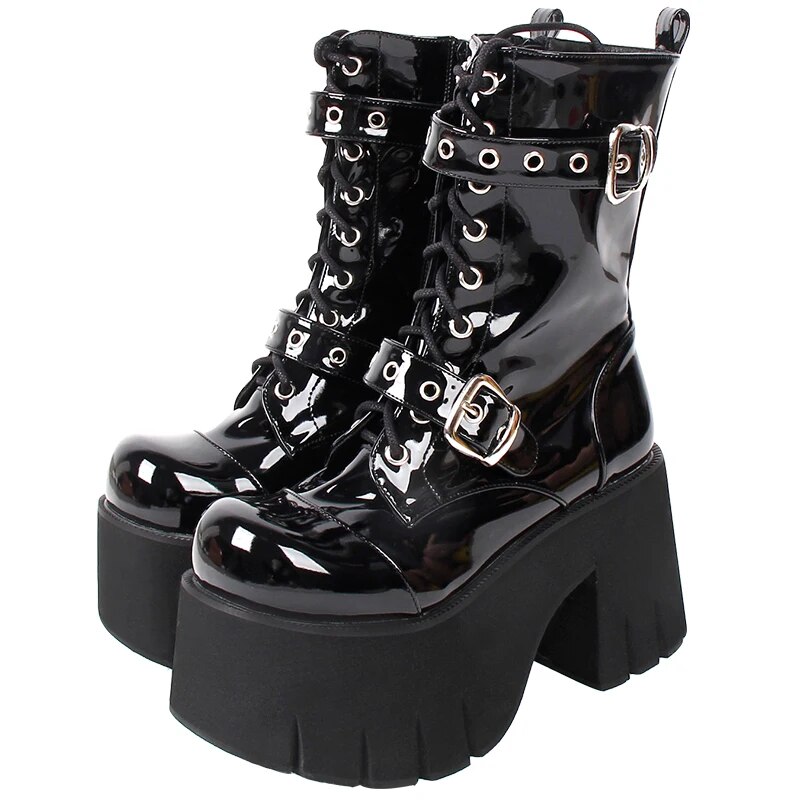 TAAFO Women Gothic Motorcycle Punk Boots Lady Short Boots Woman High Trifle Heels Pumps Shoes 10cm Buckles 305