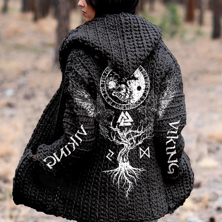 Retro Tribal Viking Animal Totems Ethnic Graphics Hooded Cardigan Sweater