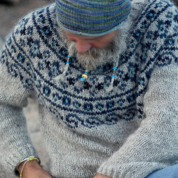 VChics Men's Vintage Beautiful Norwegian Knit Jacquard Crew Neck Sweater（Unisex）
