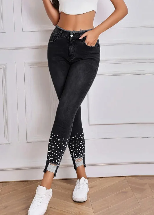 Stylish Black Pearl Hole Tunic Denim Pants Summer