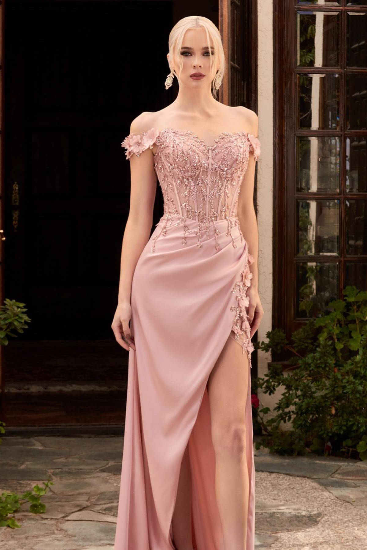 Dresseswow Dusty Pink Off-the-Shoulder Prom Dress Slit With Applqiues