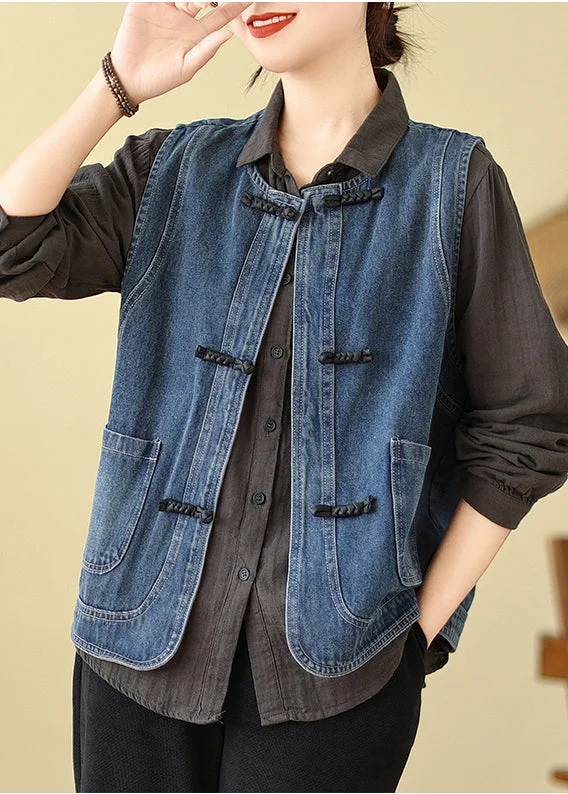 Art Blue Chinese Button Denim Vest Spring