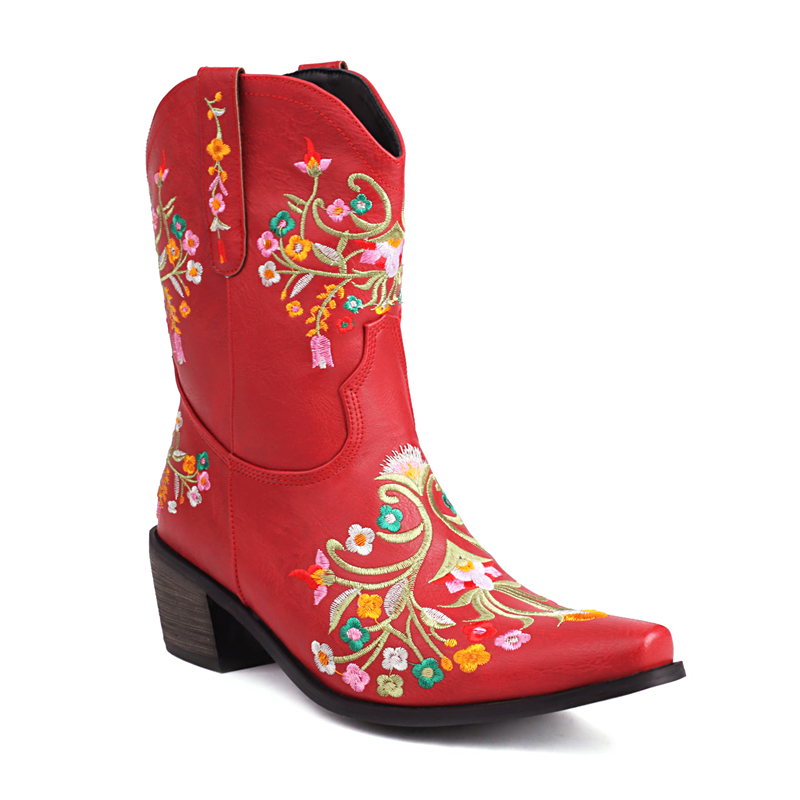 TAAFO Decorative Floral Ankle Boots Chunky Heels Snip Toe Red Cowgirl Boots Western Cowboy Boots For Women