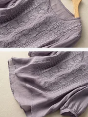 Embroidered Round Neck Half Sleeve Casual Linen Tee Top