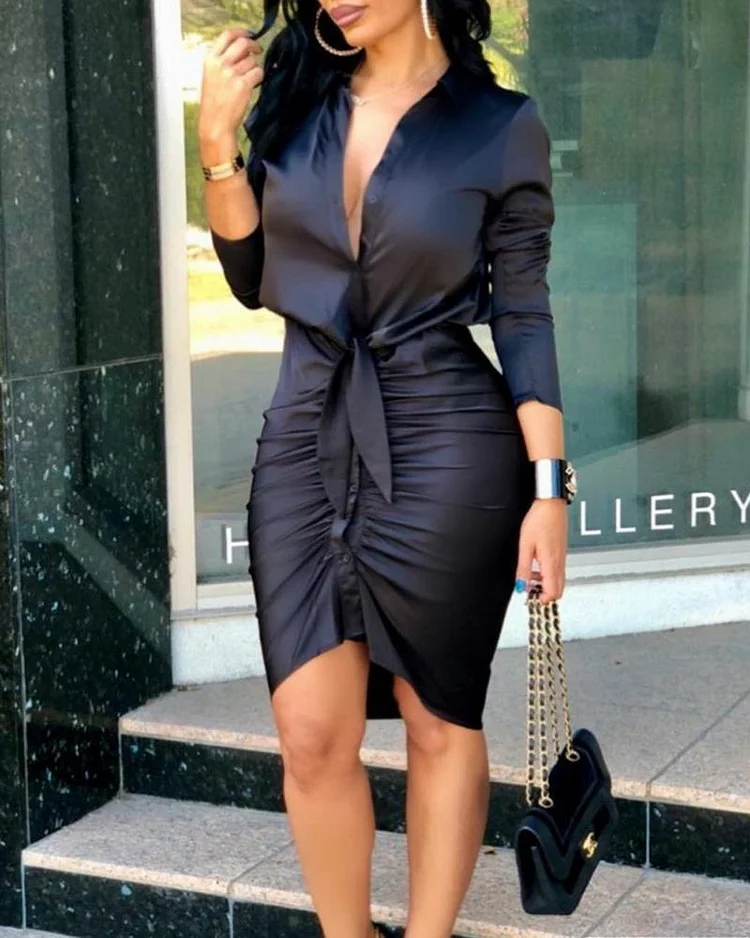 Lace-up Solid Color Long Sleeve Midi Dress P13035
