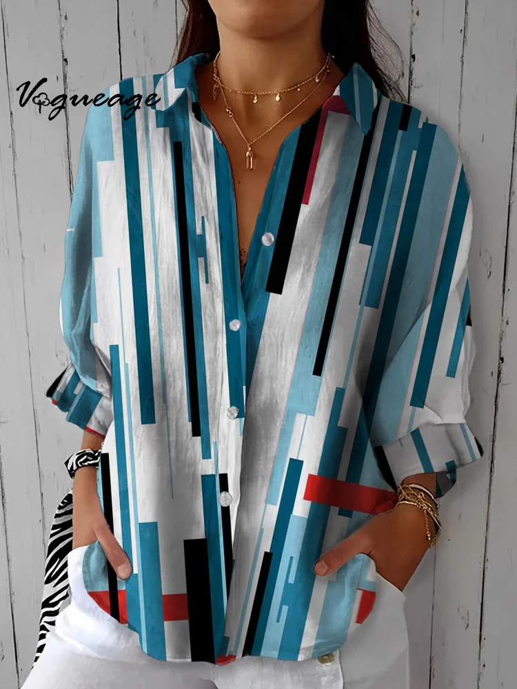 Simple Blue Lines Vertical Stitching Printed Cotton And Linen Shirt