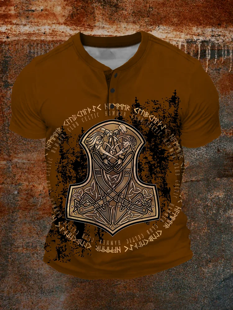 Broswear Men's Odin Vs Thor Graphic Mjölnir Short SLeeve Henley Shirt
