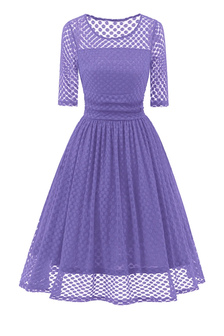 1950s Violet Party Lace Round Neck Slim Fit A-line Midi Dress