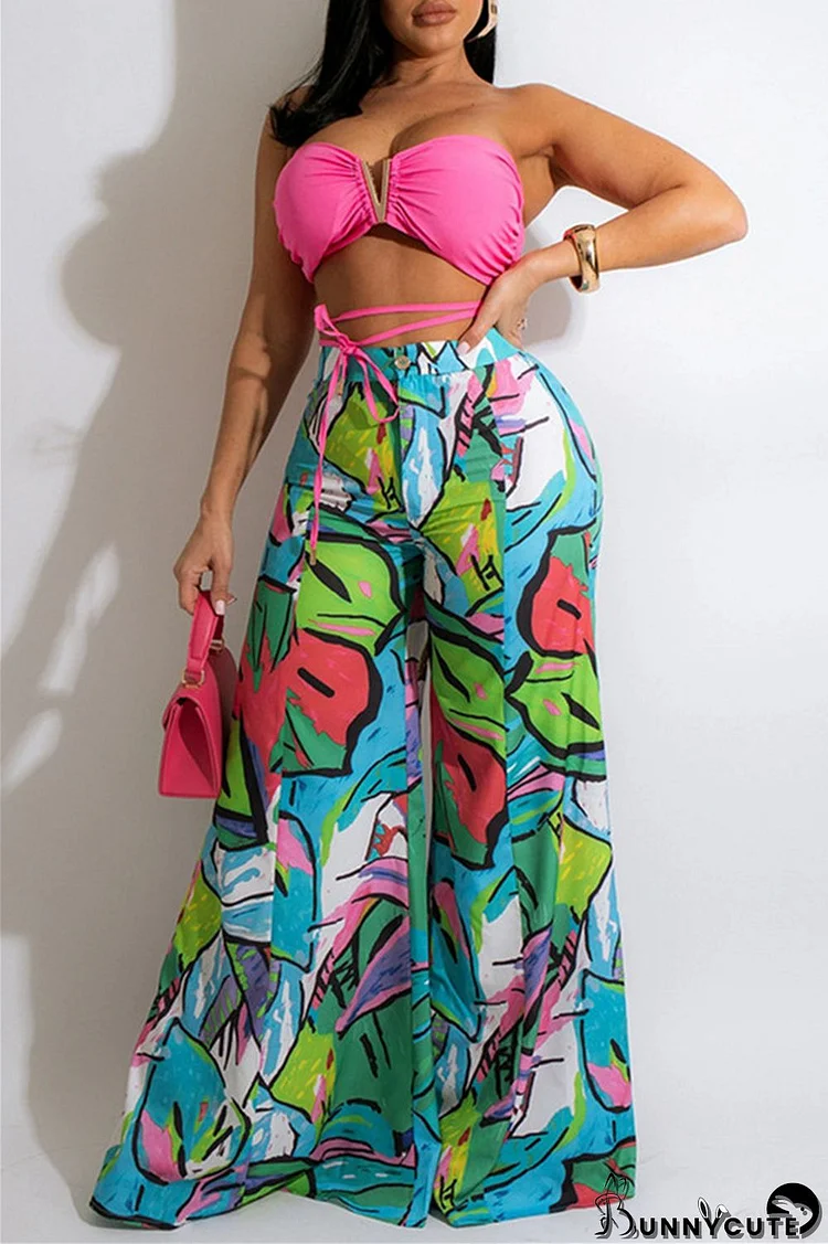 Pink Fashion Sexy Casual Print Backless Strapless Sleeveless Two Pieces